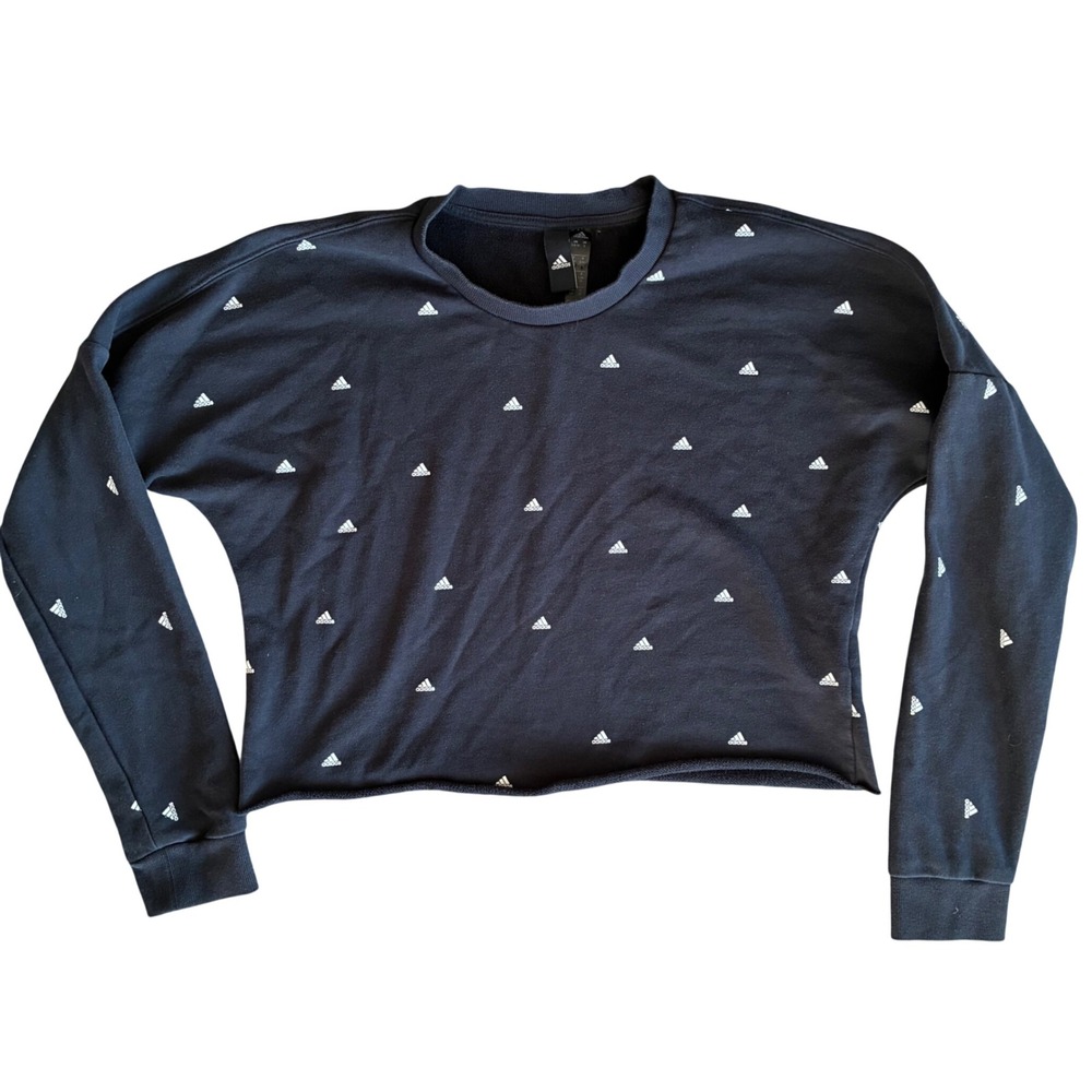 Adidas Womens Cropped Sweatshirt‎ Black White All Over Logo Print Raw Hem Small